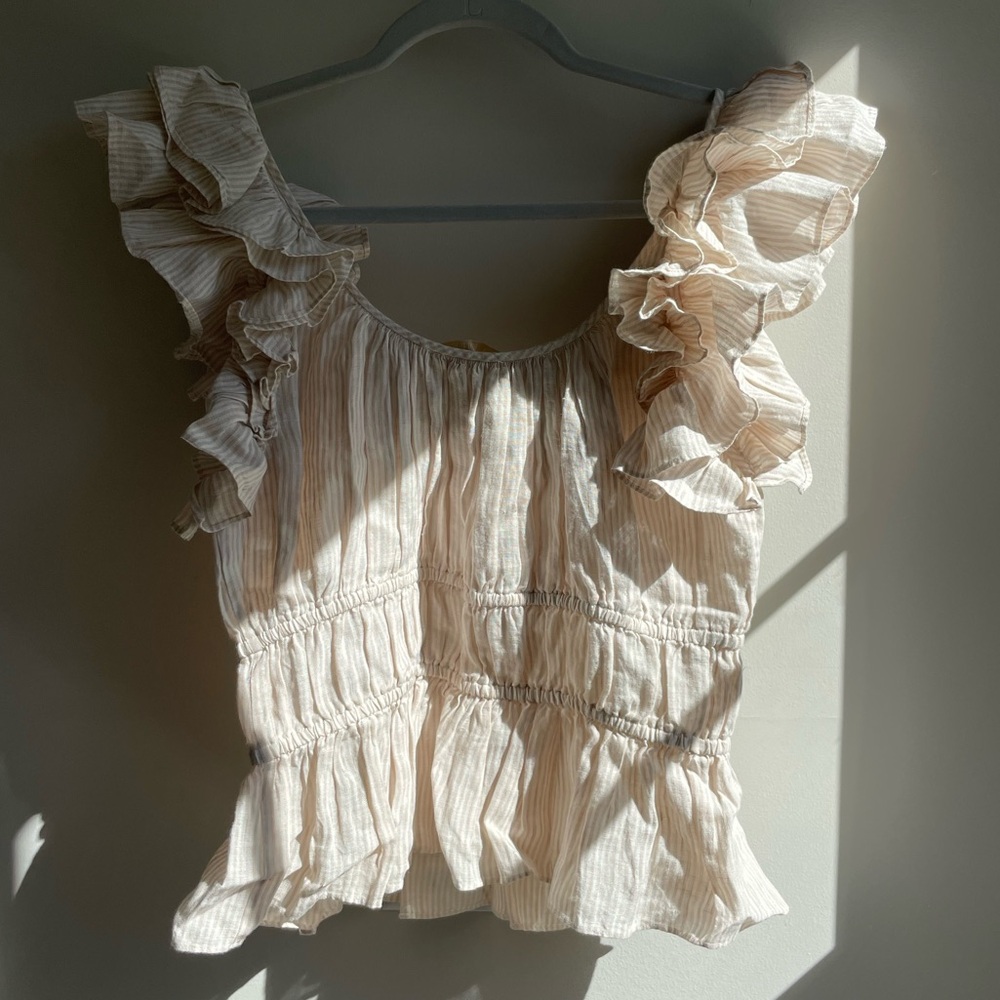 Ulla Johnson 100% linen striped cream and white summer top size 10 with ruffles